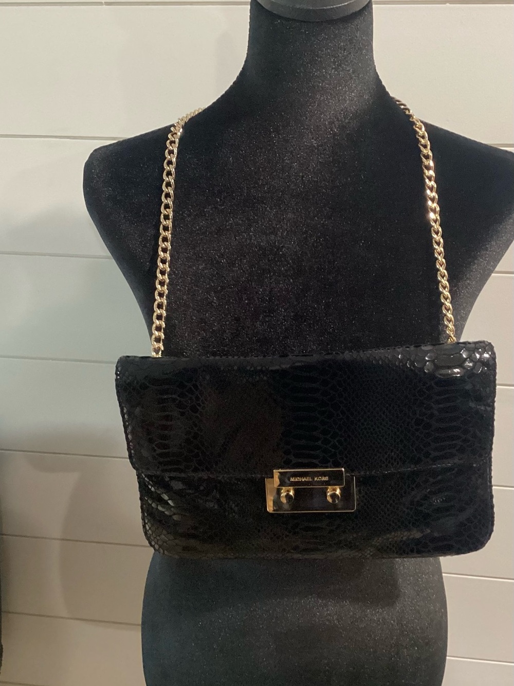 Michael Kors Black Snake-Embossed Shoulder Bag with Gold Chain